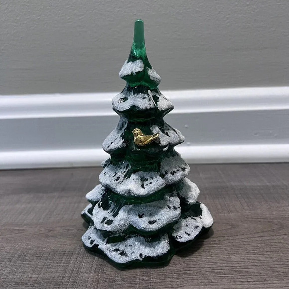 Fenton Art Glass Christmas Tree Figurine Green Frosted Gold Bird Set Of 3 VTG - Picture 3 of 14